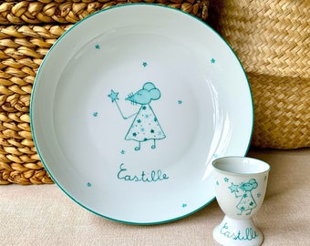 Ensemble assiette et coquetier Fée Souris Vert Turquoise en porcelaine personnalisée