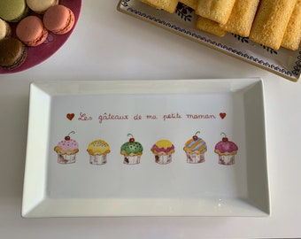 Cadeau de fête des mères :Plat à cake personnalisé Cupcakes aux couleurs acidulées, porcelaine peint main