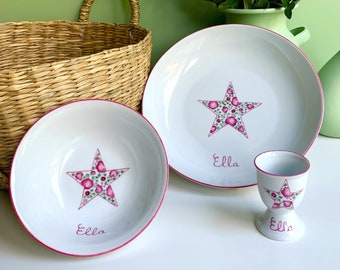 Baptism or birth tableware set Etoile liberty Rose 3 items