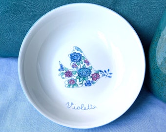 Assiette creuse de baptême Colombe Liberty Turquoise personnalisée