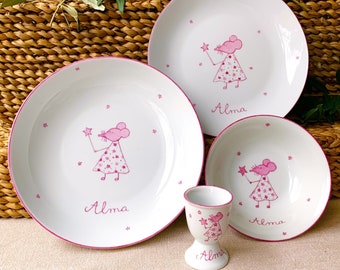 Ensemble de naissance en porcelaine personnalisée Fée Souris Rose 4 articles