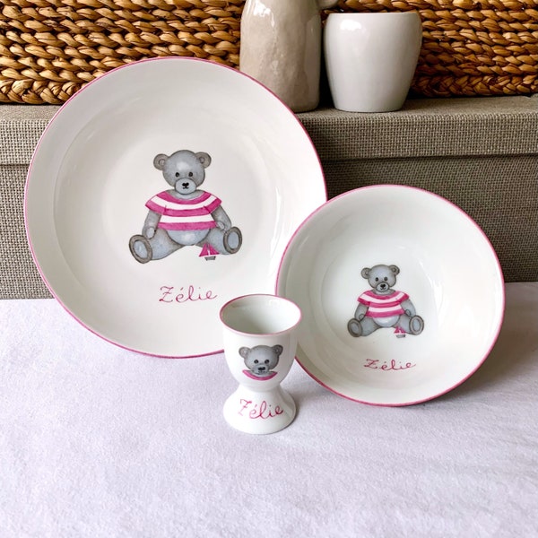 Ensemble vaisselle de naissance ou de baptême personnalisé Ourson Bleu 3 articles, porcelaine peint main en France pour bébé