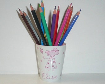 pot à crayon en porcelaine personnalisé pour enfant: Fée Souris rose et sa poudre d'étoiles