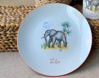 Assiette enfant personnalisée Eléphant,  service Animaux de la Savane, en porcelaine peinte à la main