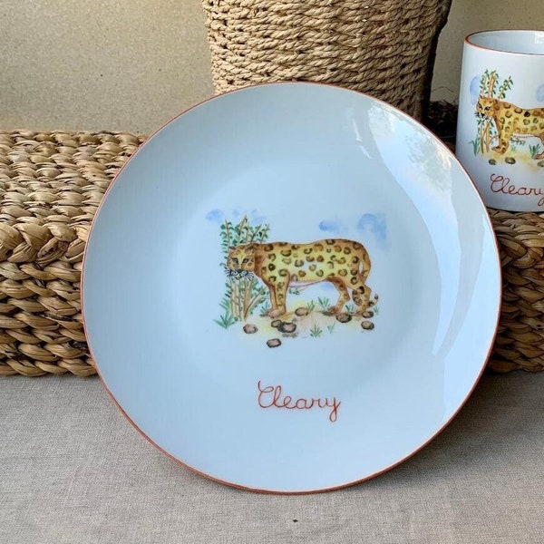 Assiette pour enfant en porcelaine personnalisée Panthère , service Animaux de la Savane