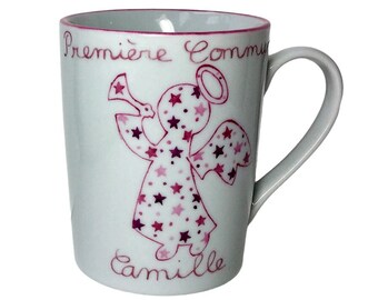 Mug de baptême ou de première communion Ange Rose personnalisé