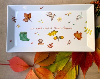 Personalized Country House cake dish with hand-painted autumn colors