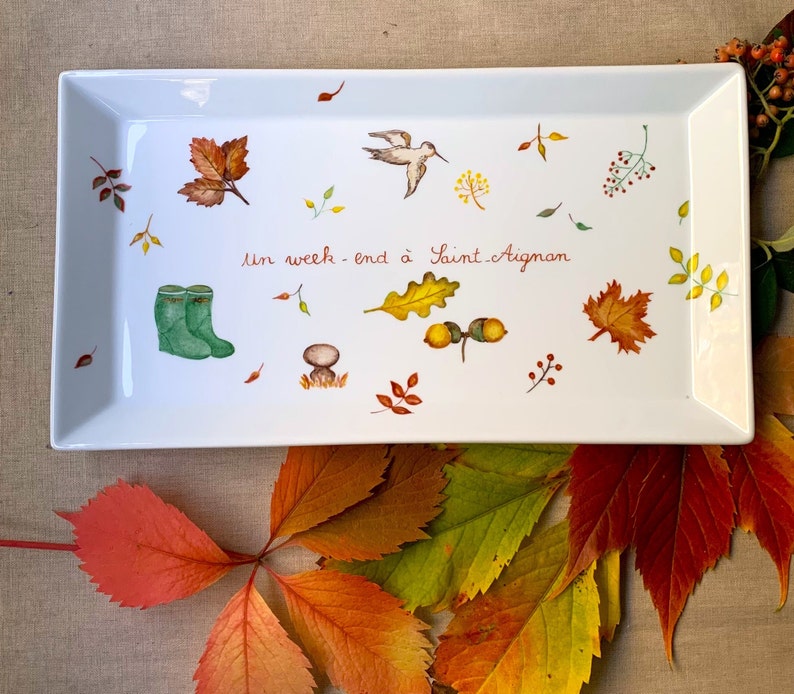Personalized Country House cake dish with hand-painted autumn colors image 1