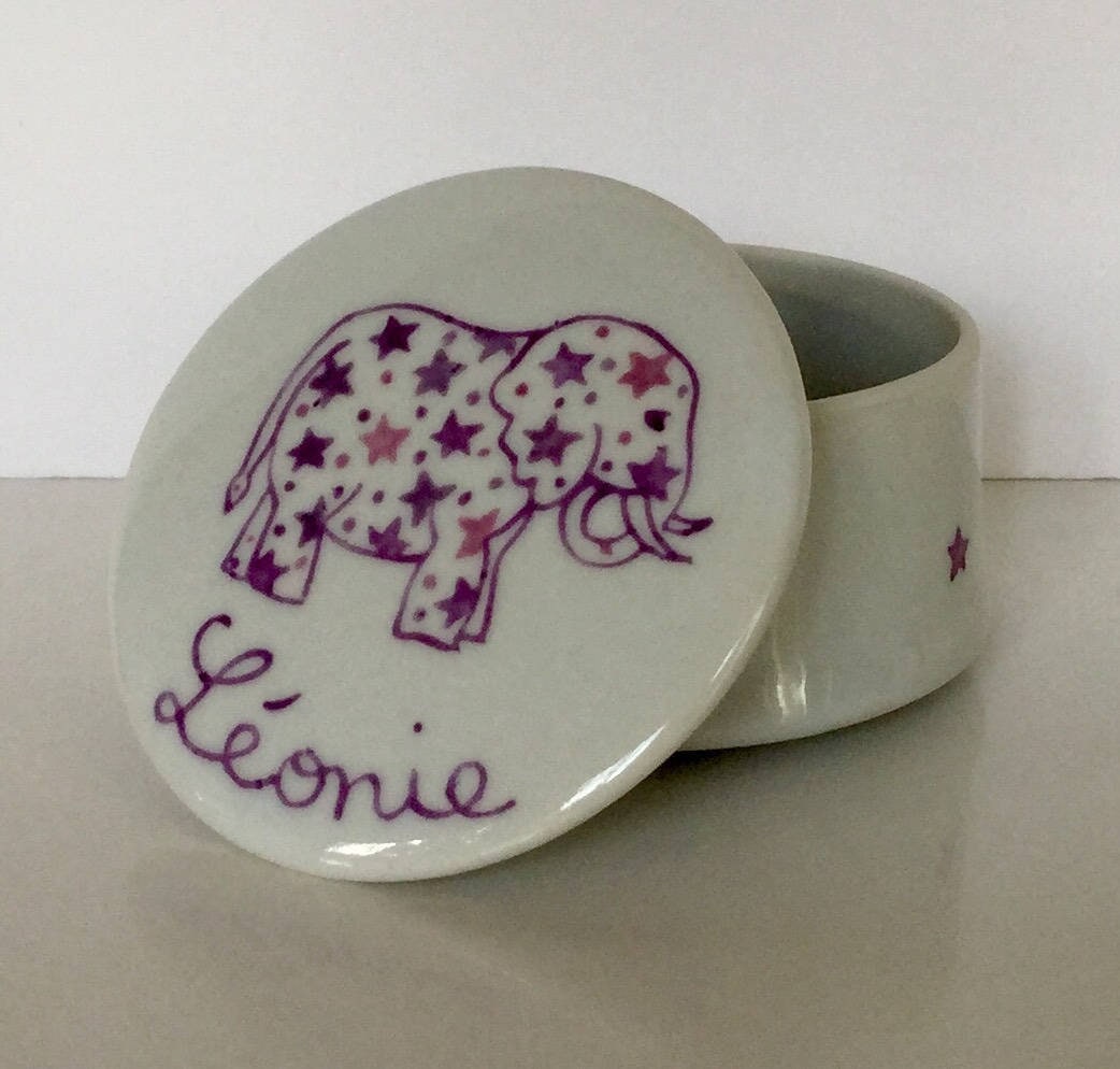 Boîte à Dents ou Bijoux en Porcelaine Éléphant Violet