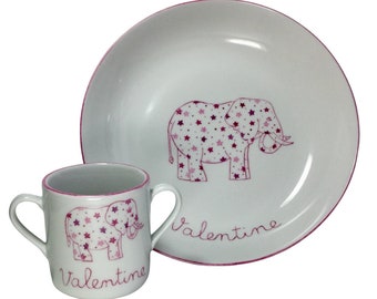 Set tableware for children Pink elephant personalized 2 items