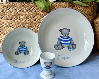 Ensemble pour bébé en porcelaine personnalisé Ourson bleu peint à la main