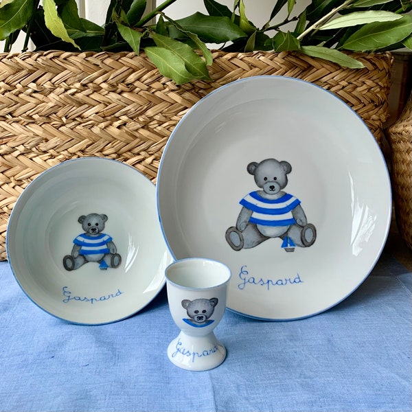 Ensemble pour bébé en porcelaine personnalisé Ourson bleu peint à la main