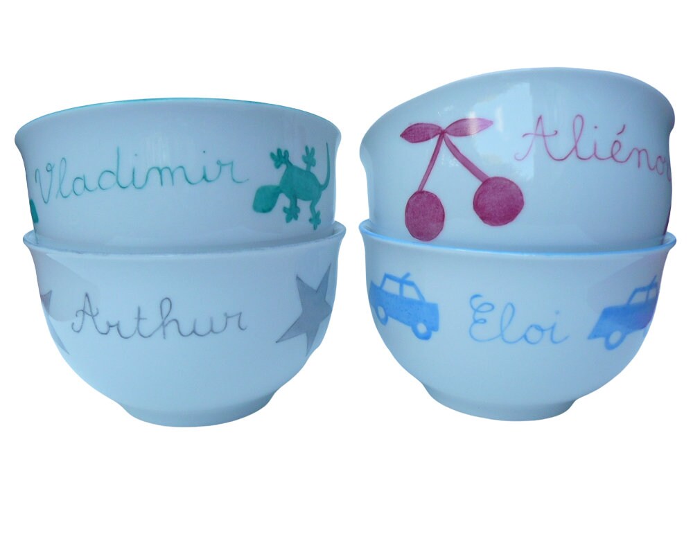 Bol en Porcelaine Personnalisé Pour Enfant, Licorne, Étoile, Lézard, Cerise, Libellule ou Voiture