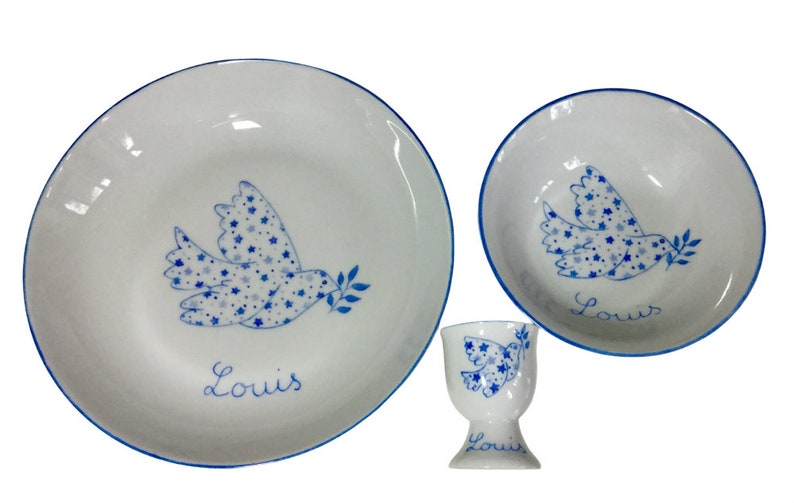 Personalized baptismal tableware service for children Blue Dove image 1