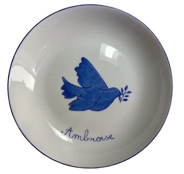 Assiette Creuse de Baptême ou Communion Personnalisée Colombe Bleu Marine Rose Framboise