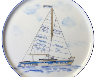 Plat à tarte personnalisé en porcelaine Bateau à voile, cadeau d'anniversaire de mariage ou de mariage peint à la main