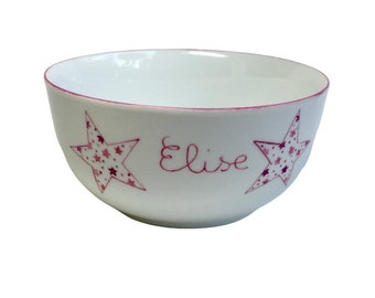 Personalized Pink Star breakfast bowl for children in hand-painted porcelain