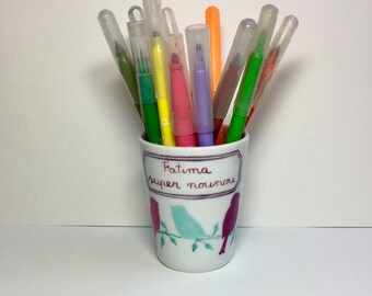 Gift for a nanny: personalized pencil pot Roe and Green Birds