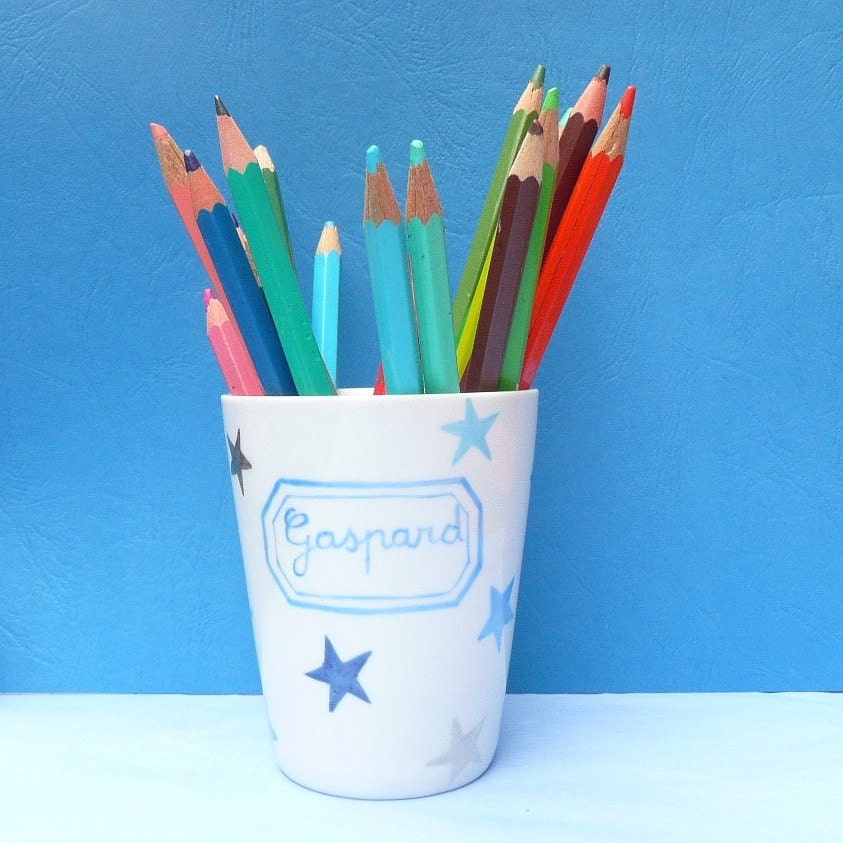 Pot à Crayons Personnalisé Étoiles Bleues et Grises Pour Enfant