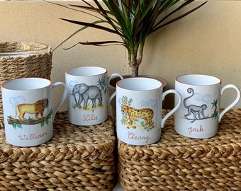 Mug Animal de la Savane en porcelaine personnalisé peint main (Lion, girafe,panthère , éléphant, singe)