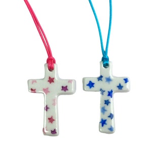 First Communion or Baptism Gift for Little Girl: Porcelain Cross with Little Stars in Pink or Blue