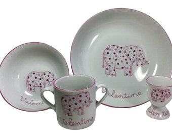 Personalized birth or baptism gift set Elephant and pink stars in hand-painted porcelain