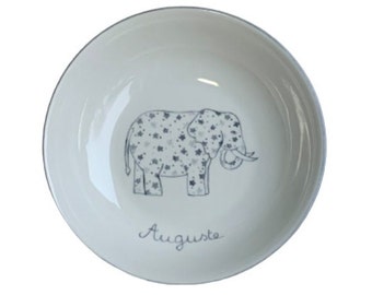 Personalized baby soup plate in hand-painted porcelain Gray Elephant