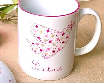 Mug Colombe et étoiles Rose et Doré: cadeau de Profession de Foi  ou de Première Communion