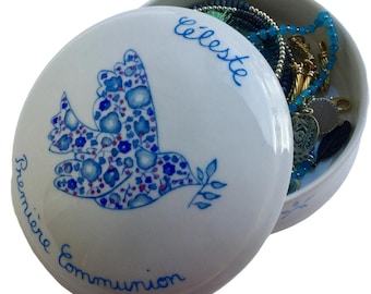 Boîte à bijoux de Première Communion ou de Confirmation personnalisée Colombe et liberty Bleu, en porcelaine peinte à la main