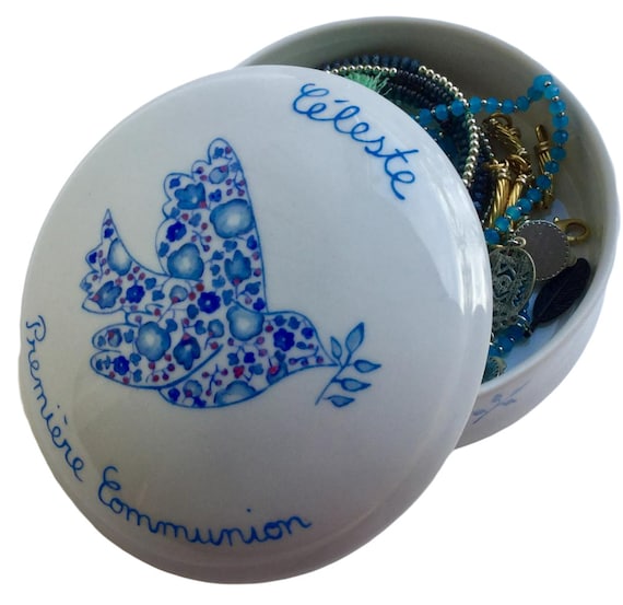 Boîte à bijoux de Première Communion ou de Confirmation personnalisée Colombe et liberty Bleu, en porcelaine peinte à la main