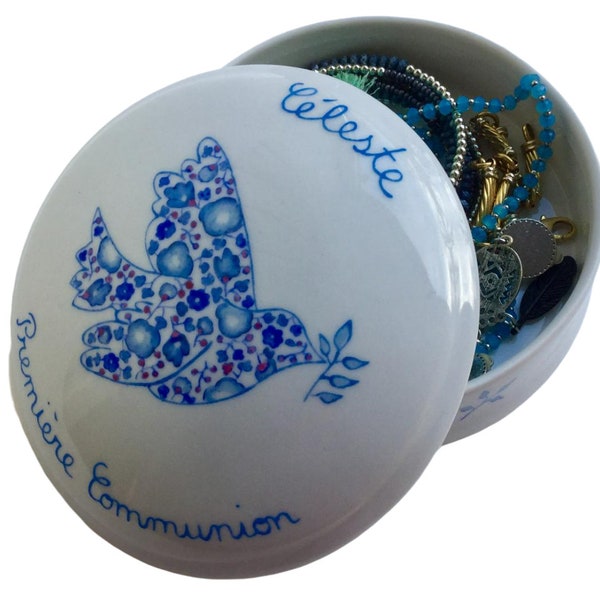 Boîte à bijoux de Première Communion ou de Confirmation personnalisée Colombe et liberty Bleu, en porcelaine peinte à la main