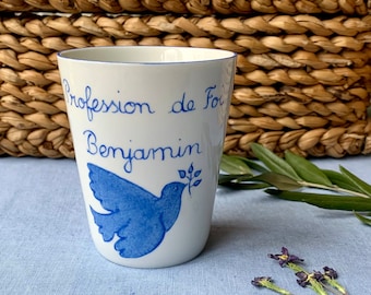 Pot a crayons pour profession de foi ou communion Colombe Bleu personnalisé