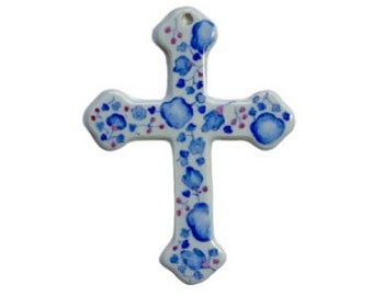 Grande Croix de baptême murale en porcelaine Liberty Bleu ou Rose personnalisée peint main