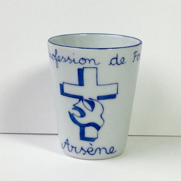 Profession of faith gift: Personalized navy blue Cross and Dove pencil pot in hand-painted porcelain