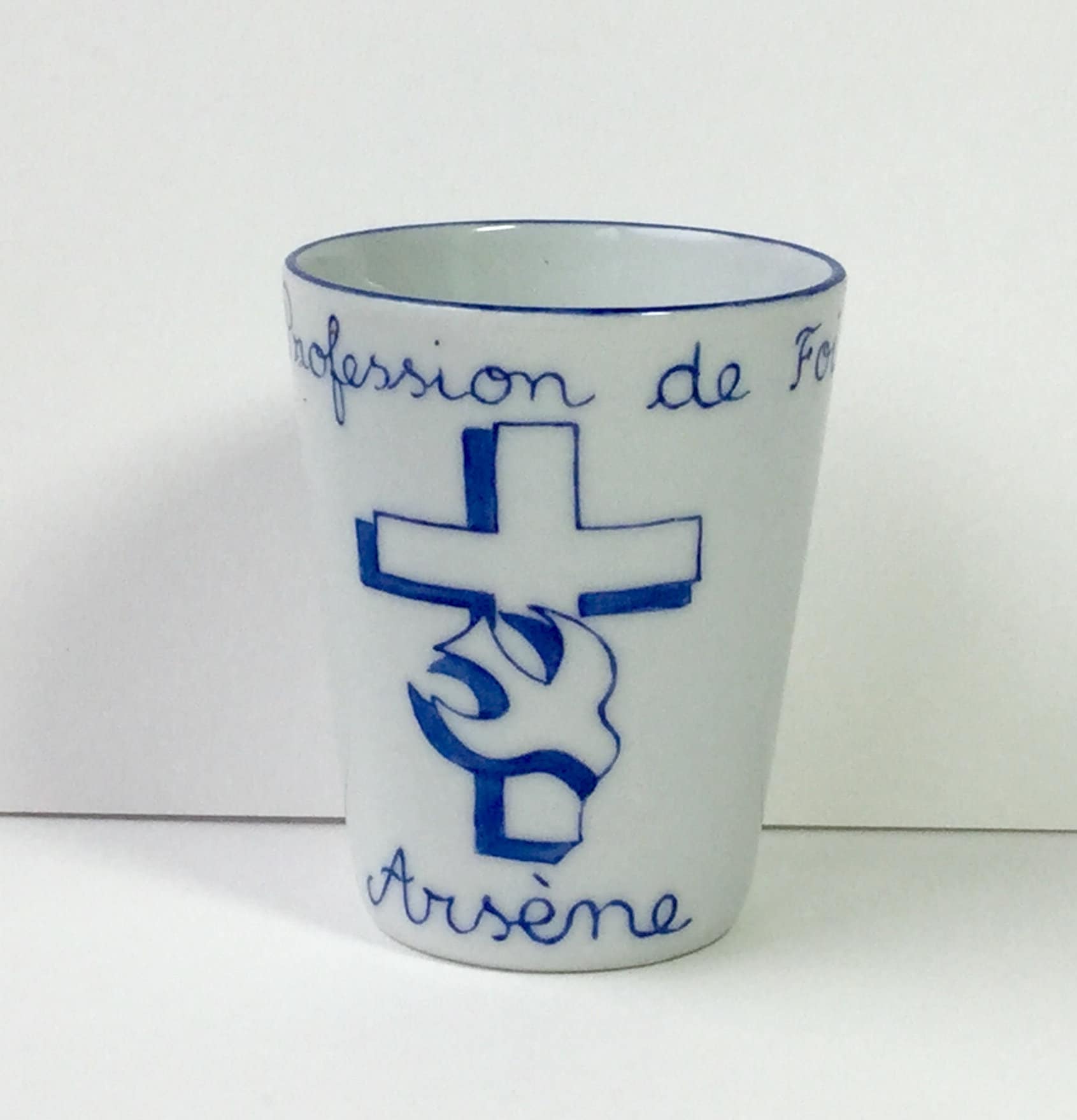 Cadeau de Profession Foi Pot à Crayons Croix et Colombe Bleu Marine Personnalisé en Porcelaine Peint