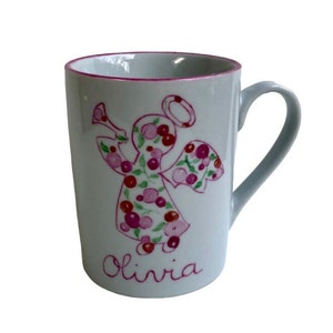 Personalized Liberty Angel pink berries baptism mug for children, hand-painted porcelain