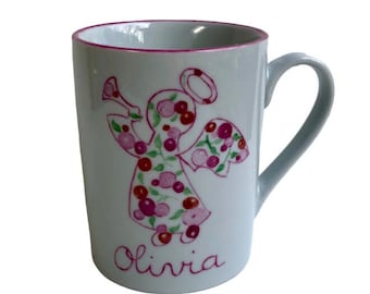 Mug de baptême personnalisé Ange Liberty baies roses pour enfant, en porcelaine peint à la main