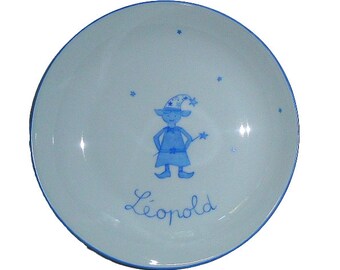 Assiette creuse pour enfant en porcelaine peinte à la main et personnalisée Petit Lutin Bleu