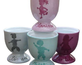 Personalized child's egg cup Tone-on-tone silhouette in hand-painted porcelain