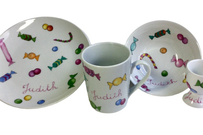 Service Pour Enfant en Porcelaine Personnalisée Bonbons Multicolores 4 Articles Peint à La Main