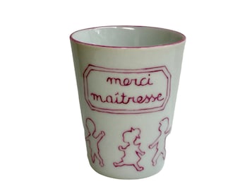 Gift for the teacher: Personalized pencil pot with children's silhouettes and pink "thank you teacher" school label