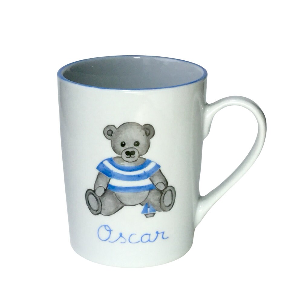 Mug Personnalisé Pour Enfant Ourson Bleu en Porcelaine Peint à La Main, Cadeau de Baptême Garçon