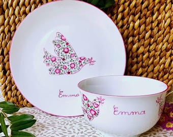 Juego de vajilla infantil Liberty Rose Dove pintada a mano para bautizo o nacimiento.