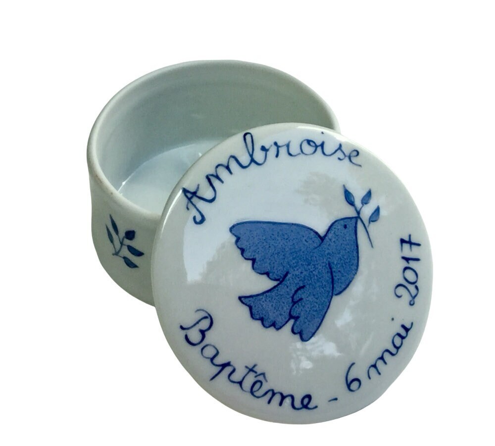 Boîte à Dragées de Baptême Personnalisée Colombe Bleu Marine ou Rose Framboise en Porcelaine Peint M