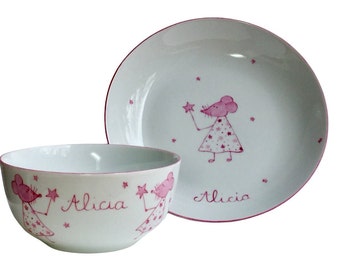 Birth or baptism set consisting of a bowl and a deep plate in personalized Pink Fairy Mouse Porcelain
