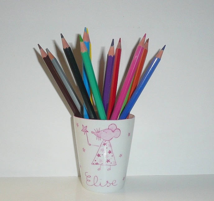Pot à Crayon en Porcelaine Personnalisé Pour Enfant Fée Souris Rose et Sa Poudre d'étoiles
