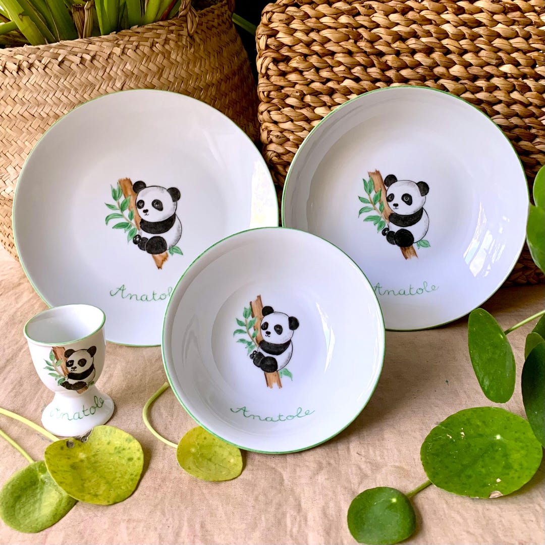 Personalized Panda 4-piece Baby Tableware Set, Hand-painted Porcelain ...
