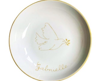 Personalized golden dove baptism or communion plate hand painted in France