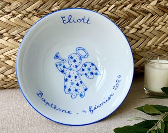 Personalized baptism favor bowl Blue Angel and stars, hand-painted porcelain