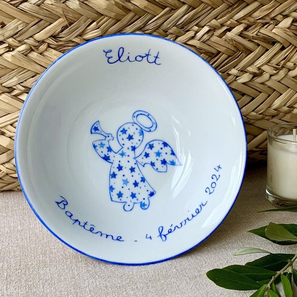 Coupelle à dragées de baptême personnalisé Ange et étoiles Bleu , porcelaine peinte à la main